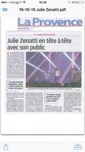 Article dans "La provence" - Julie Zenatti en tête à tête avec son public